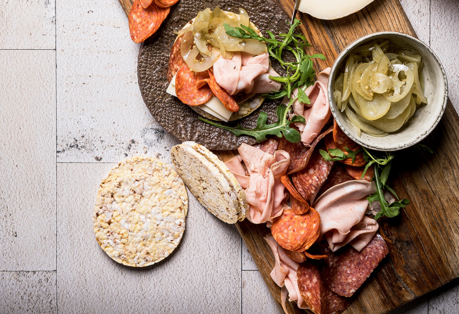 Mortadella, Salami, Pepperoni, Provolone, Pickled Tomato Corn Thins